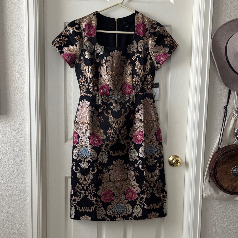 Tahari Black and Pink Brocade Mini Dress